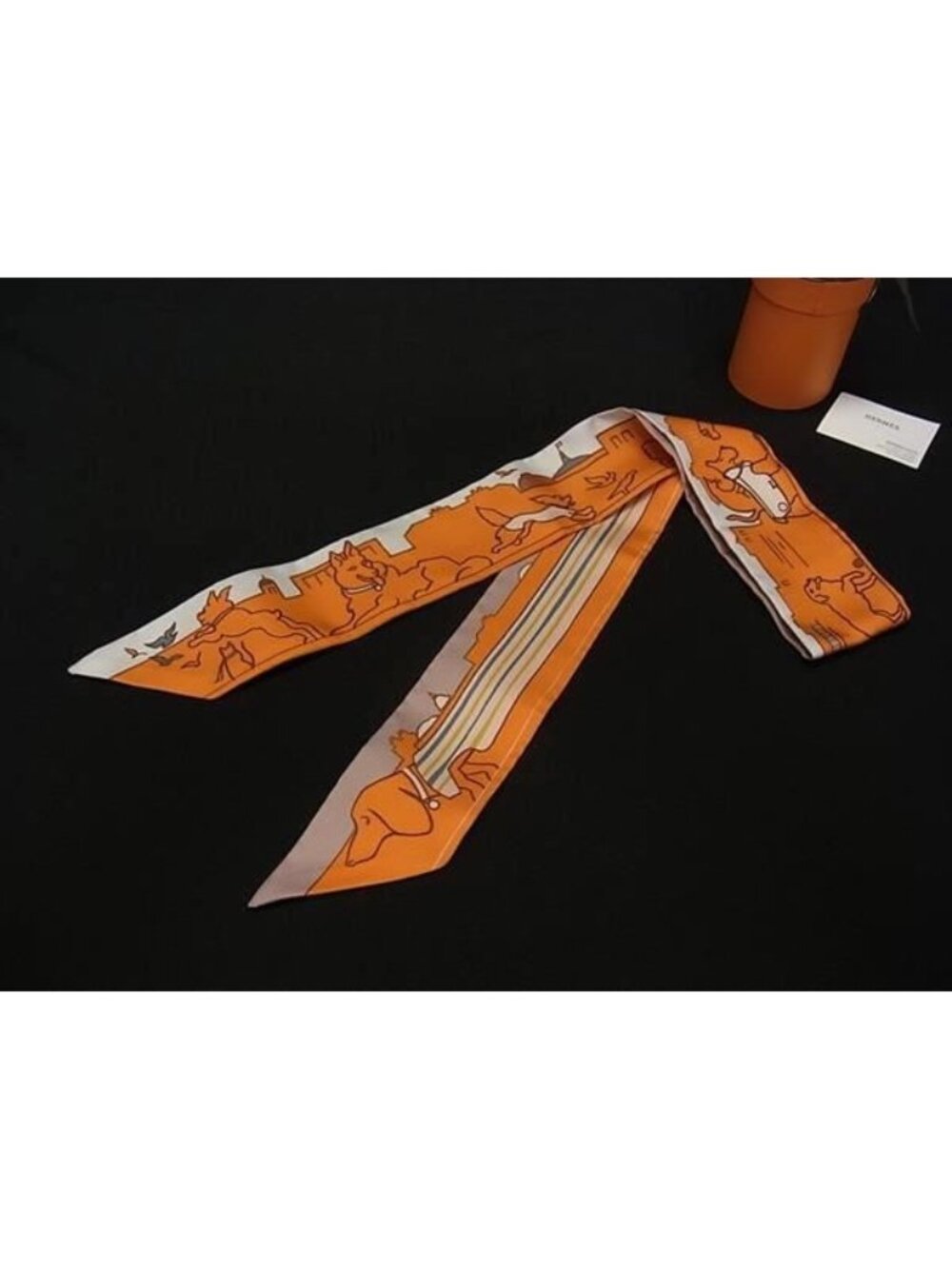 Hermes les Chiens Parisiens Parisian Twilly Silk 100% Ribbon Scarf Orange